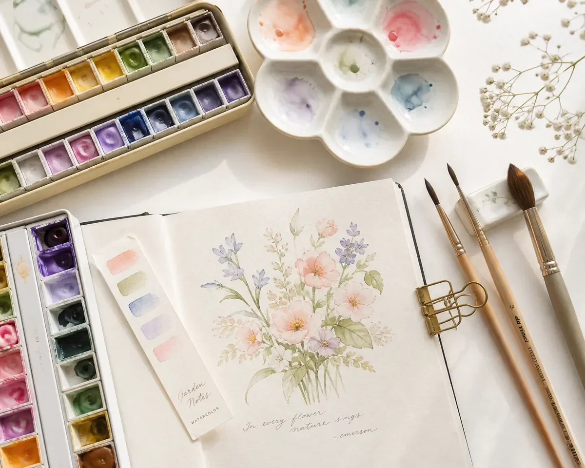 Watercolor paint supplies arranged on a clean surface with brushes, palette, and sketchbook