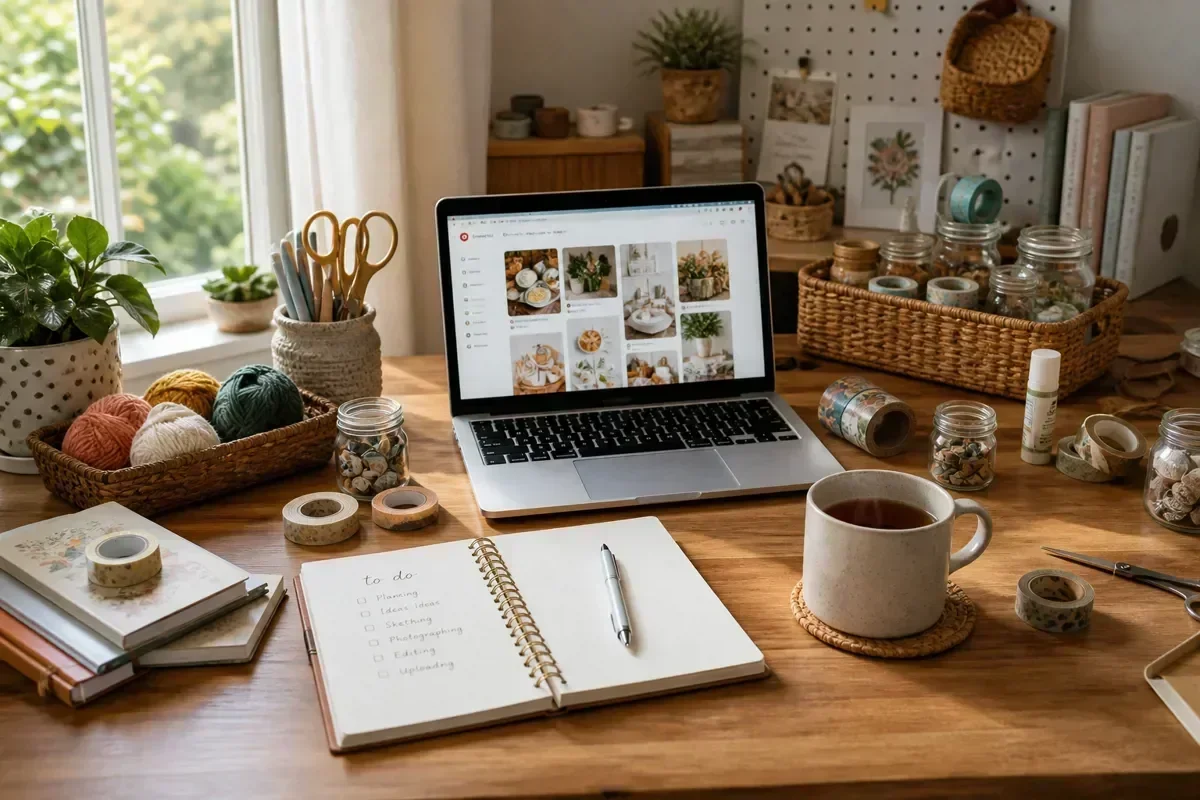 A warm, inviting craft workspace with neatly organized supplies in glass jars and baskets, a laptop showing inspiration boards, and a steaming mug of tea on a wooden desk near a sunlit window