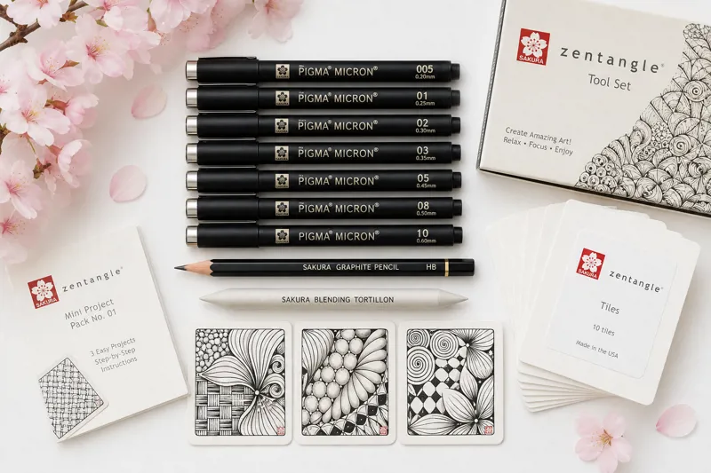 Sakura Zentangle tool bundle with Micron pens pencil tortillion and tiles