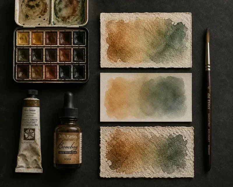 Flat-lay of watercolor paint formats and paper samples showing pan cakes, tube paste, and liquid watercolor alongside textured paper swatches