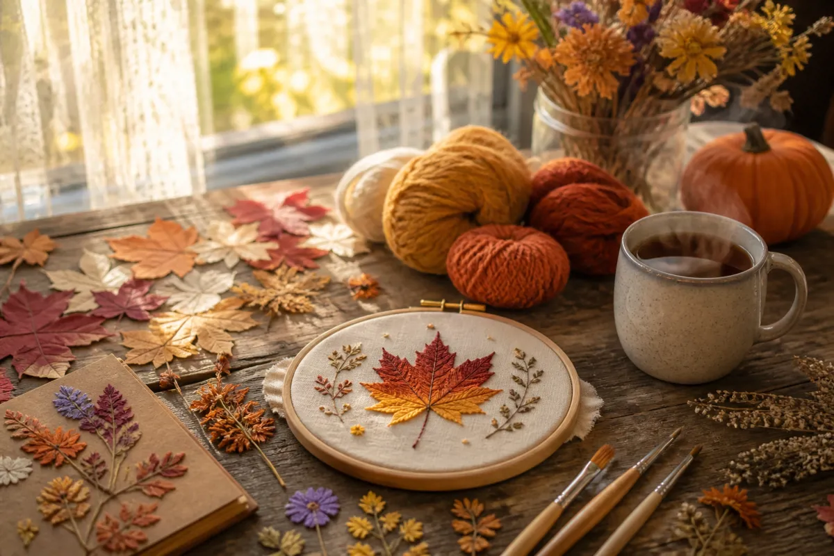 Cozy autumn crafting scene on a rustic wooden table with colorful paper leaves, dried pressed flowers, paint brushes, an embroidery hoop, warm-toned yarn, a small pumpkin, and a cup of steaming tea in soft morning light