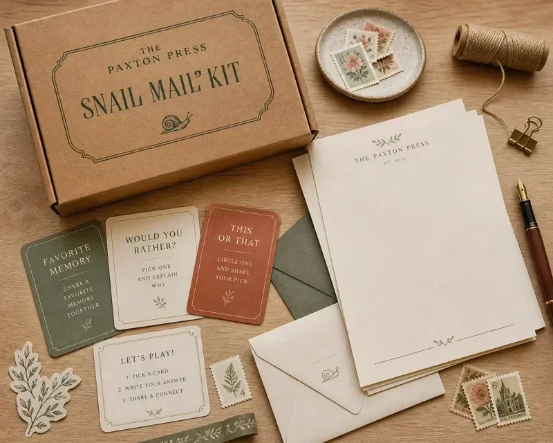 The Paxton Press Snail Mail Kit with game cards and letterhead