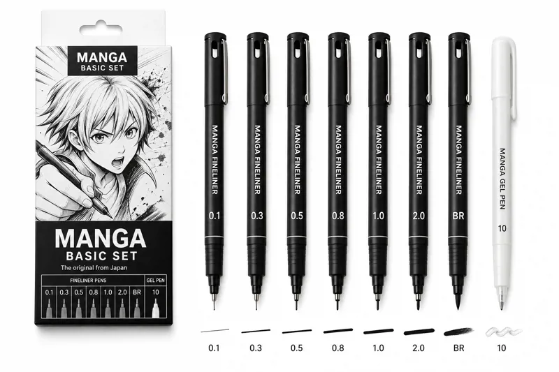 Sakura Pigma Manga Basic Set with black fineliner pens and white pen