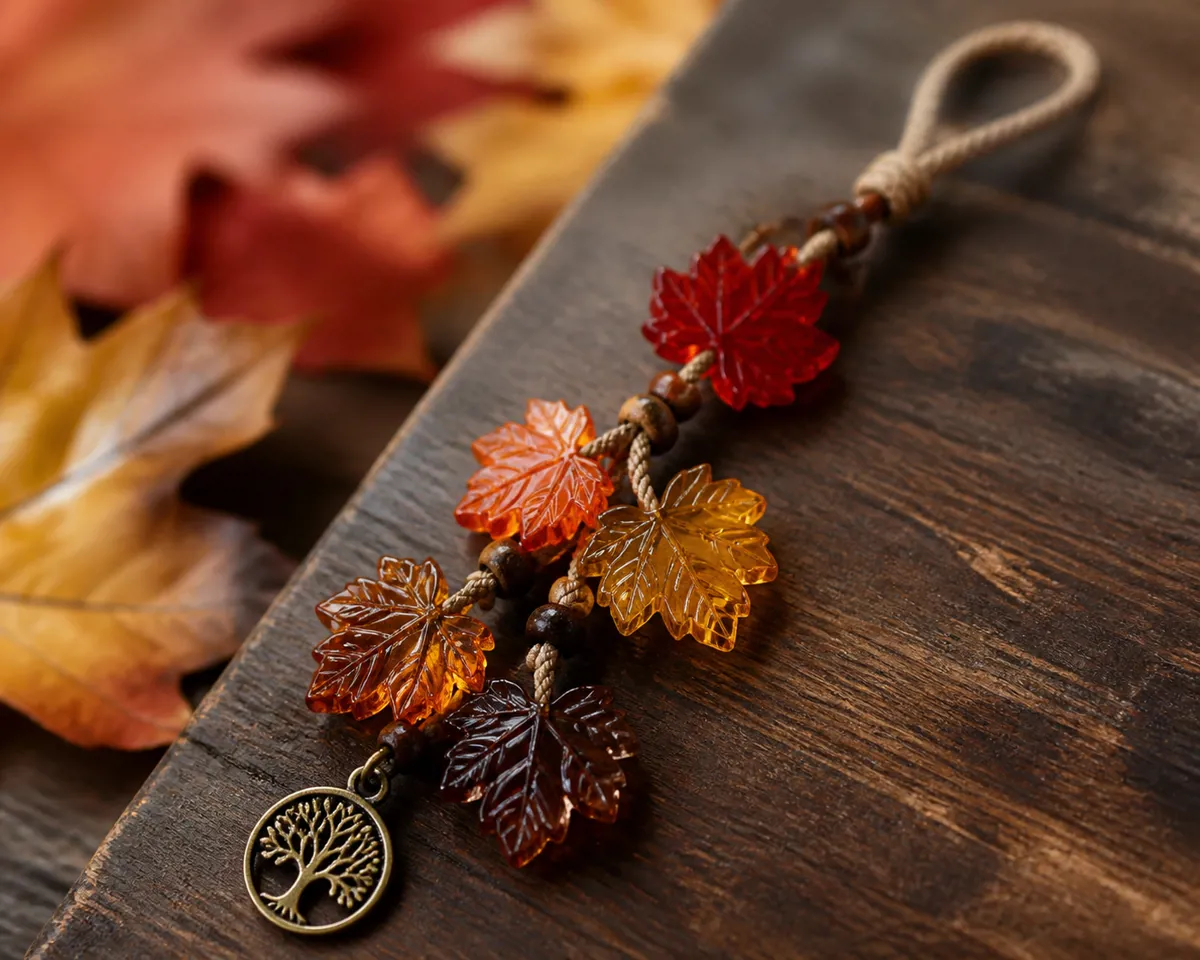 Autumnal handmade bag charm featuring colorful maple leaf-shaped glass beads in rich red, burnt orange, golden yellow, amber, and deep brown hues, strung on a natural tan cord with wooden spacer beads and a small metal pendant