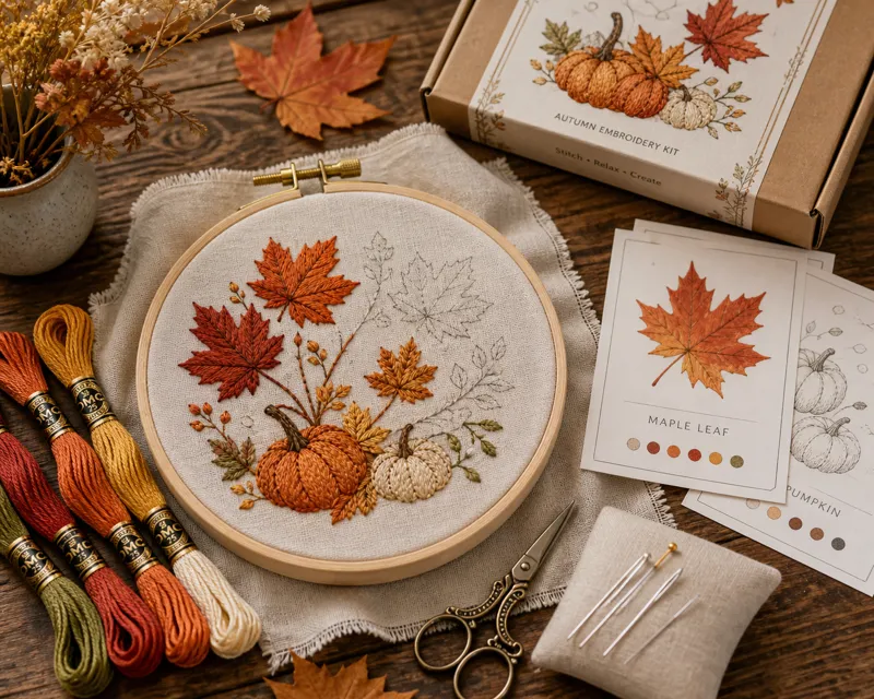 Fall-themed embroidery kit with maple leaf and pumpkin designs