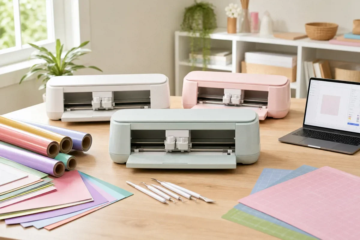 Crafting workspace with Cricut cutting machines, vinyl rolls, cardstock, and tools on a wooden desk