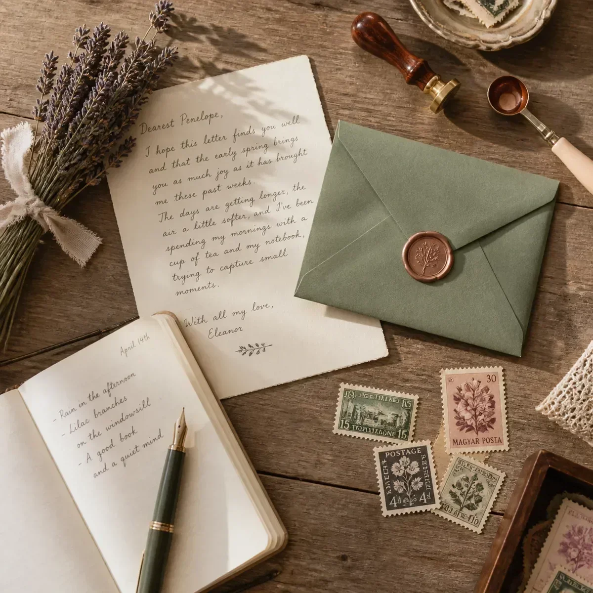 A warm, inviting flat-lay of snail mail supplies on a rustic wooden desk with cream-colored letter paper, a wax-sealed envelope, vintage postage stamps, a fountain pen, and dried lavender sprigs in soft earthy tones