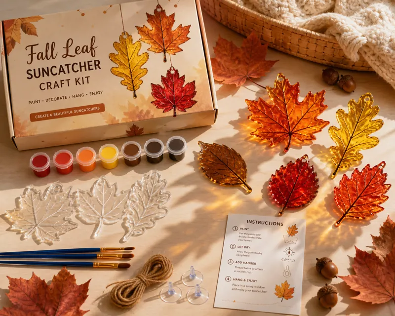 Fall leaf suncatcher craft kit with painted acrylic leaves