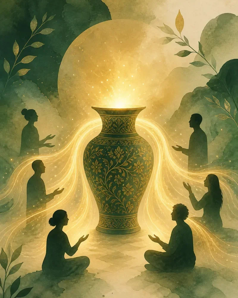 An ornate ceramic vessel overflowing with warm golden light that gently touches surrounding figures, symbolizing self-love flowing outward to benefit others