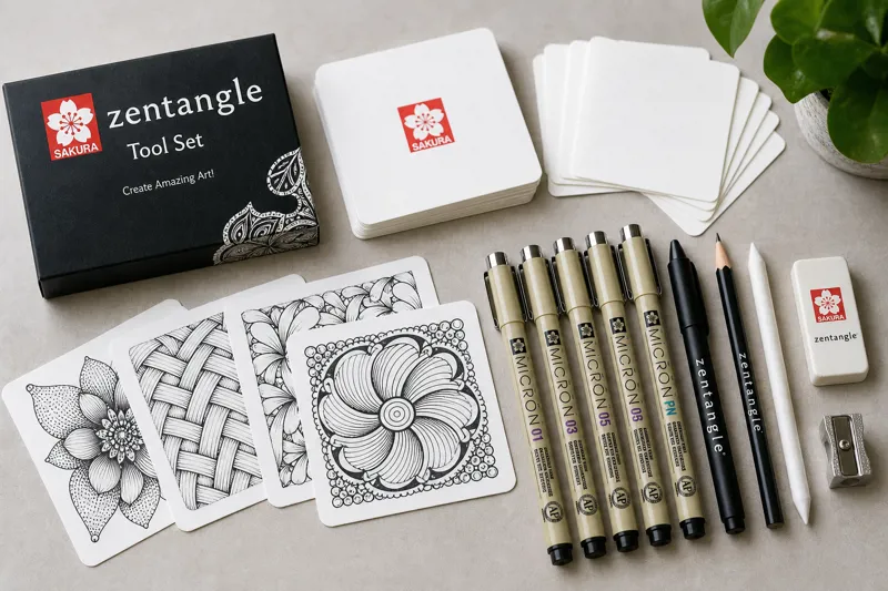 Sakura Zentangle Tool Set with white paper tiles and drawing tools