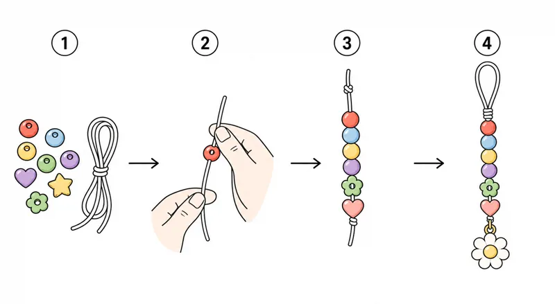 Step-by-step illustrated diagram showing four stages of making a beaded bag charm—from loose beads and cord to a finished hanging charm