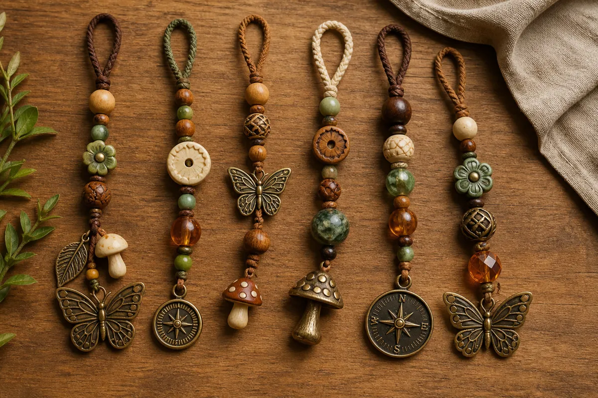 A collection of handmade bohemian bag charms featuring wooden beads, glass beads, metal charms, and decorative buttons arranged on a warm wooden surface